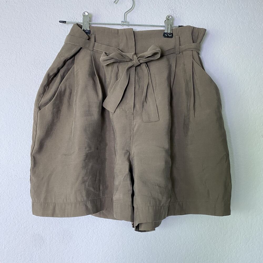 Womens Zara Basic Pleated Paperbag High Tie Waist Medium Olive Green Casual Chic